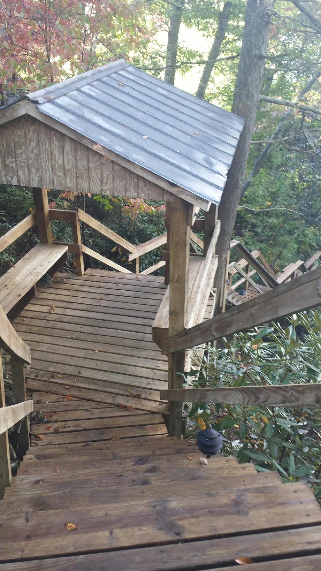 Metal roofed shelter over wooden steps on a wooded walkway — Skylight Repair & Installation work by our crew in Sandpoint